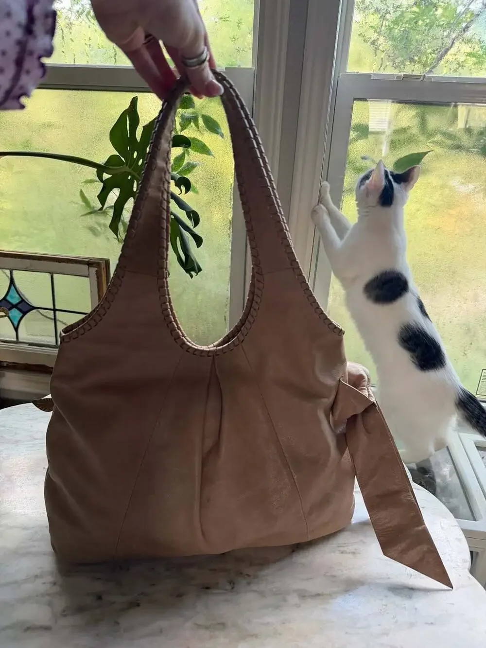 Talbots Leather Slouchy Shoulder Bag with Braided Detail and Side Bow